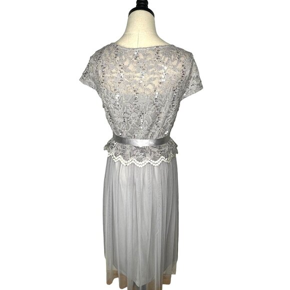 1950's VINTAGE 6 Stretch Lace Tulle Fit & Flare Midi Dres Sequin Gray Silver EUC - Picture 4 of 12